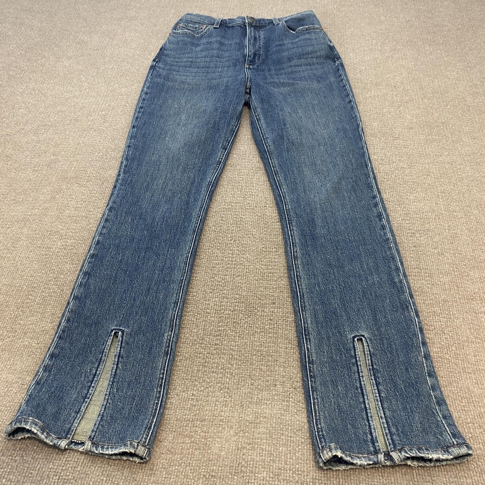 Pistola Willow Straight Jeans Womens 25 Blue Med Wash High Rise Slit Hem Stretch